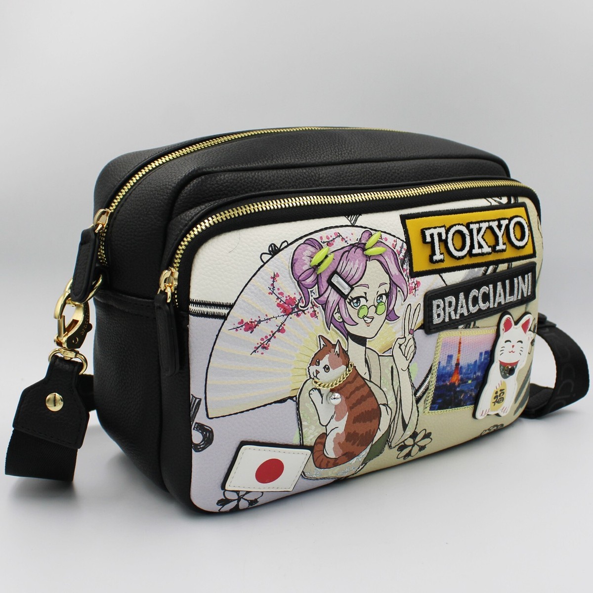 Braccialini designer beige multicolored crossbody bag purse Tokyo image applique