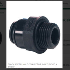 BLACK ACETAL MALE CONNECTOR 8MM TUBE OD X 3/8 BSP # PM010813E