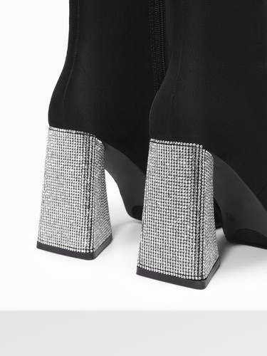 Women Fashion Ankle Boots Faux Suede Rhinestones Chunky Side Zip Short Boots - Picture 4 of 12