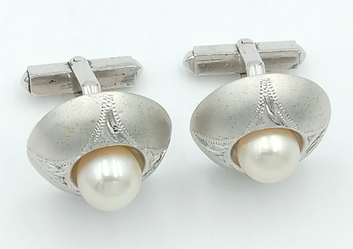 Vintage Art Deco Manschettenknöpfe geätzte 925 Sterling Silber AAA Qualität Zuchtperlen - Bild 2 von 7