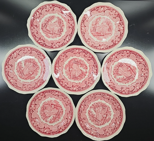 7 Mason's Vista Pink Salad Plates Set Vintage Transferware Dish England MCM Lot - Picture 10 of 24