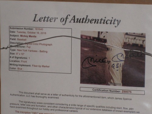 Mickey Mantle Autographed 8x10 FRAMED/MATTED Photograph Inscribed "1951" - JSA - Picture 8 of 10