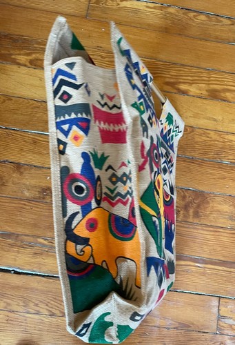 Holz Henkel Beuteltasche Elefant riesig groß tief Indien buntes Muster Boho Handtasche - Bild 5 von 8