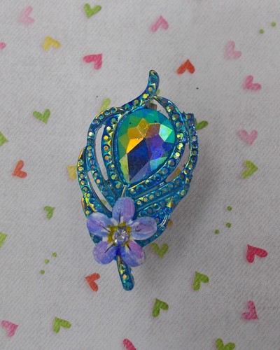 Blue FORGET-ME-NOT & PEACOCK RHINESTONE LEAF BROOCH Friendship Pin HAND PAINTED - Picture 5 of 8