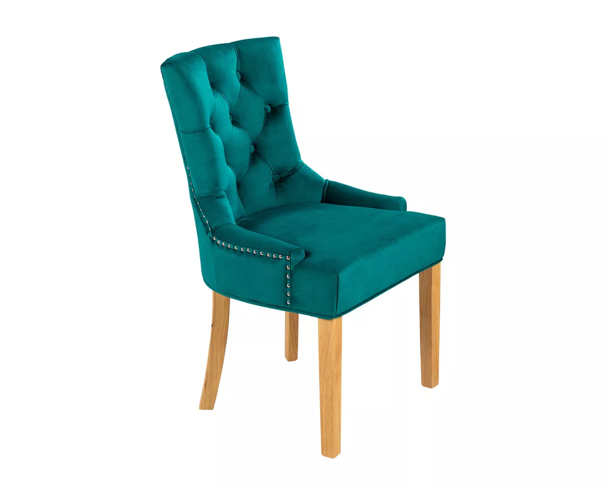 Teal Velvet Dining Chair Button Back Studded With Chrome Knocker