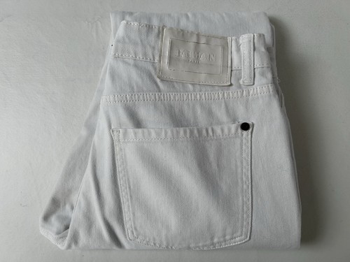 Balmain Paris Jeans Mens Size 34 White Denim Distressed Ribbed Biker Zip Pockets - 第 14/14 張圖片