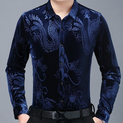Men Velvet Shirt Ethnic Chinese Style Dragon Pattern Warm Long Sleeve Blouse Top - Picture 16 of 24