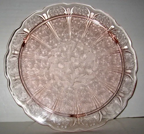 Vintage Jeanette Pink Cherry Blossom Depression Glass Footed Cake Plate