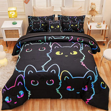 Cute Cat Full Comforter Set with Sheets, Boys Girls Lightweight 6 Pcs Bed in a B