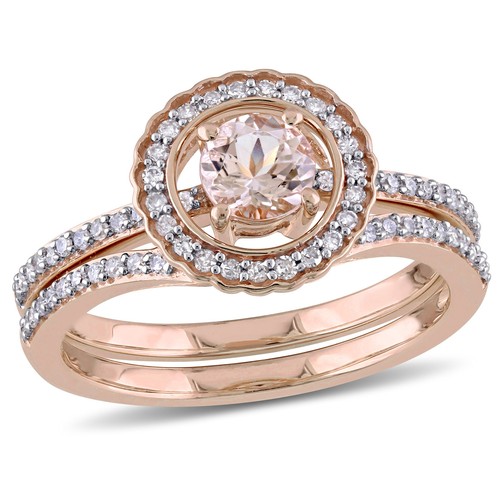 Amour 10K Rotgold 1/2 ct TGW Morganit 1/3 ct TW Diamant Halo Braut Ring Set - Bild 1 von 6
