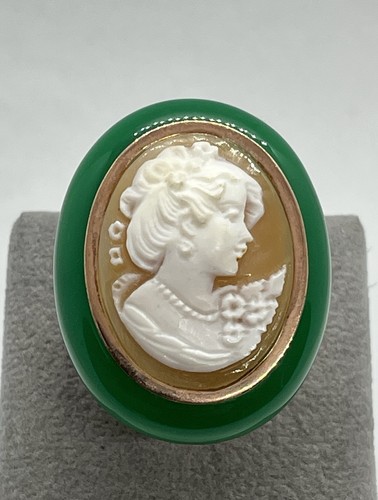 Anello Cammeo Sardonico su Agata Verde 35mm in Argento Dorato – Fatto a Mano - Foto 3 di 6