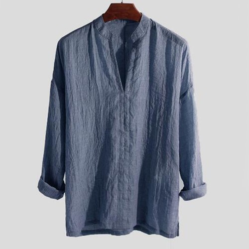 Mens Long Sleeve T-Shirt Summer Beach Loose Casual V-Neck Shirts Tops M-2XL - Picture 6 of 22