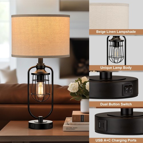 24" Farmhouse Table Lamps for Living Room Set of 2, Black Rustic Lamps for Ni... - Picture 5 of 7