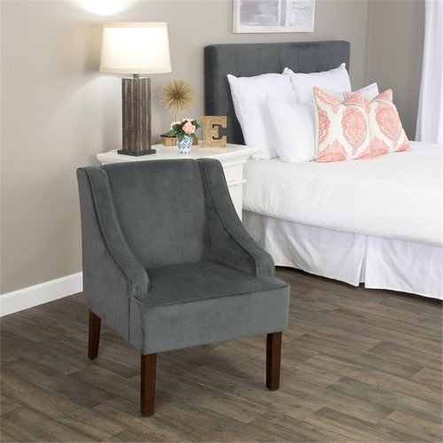 HomePop Traditional Wood and Velvet Swoop Arm Accent Chair in Dark Gray - Picture 2 of 15