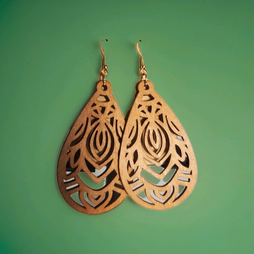 Handmade Bohemian Mandala Brown Wooden Abstract Teardrop Lightweight Earrings - Picture 2 of 5