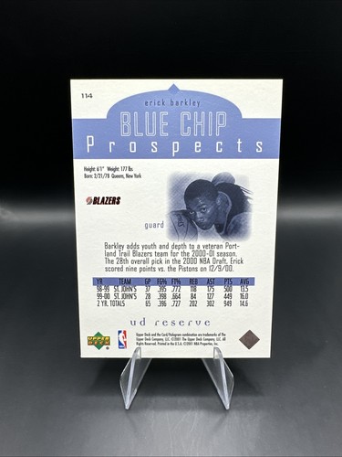 2000-01 UD Reserve Erick Barkley Rookie Portland Trail Blazers #114 - Picture 2 of 2