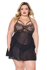 Coquette Diva Scalloped Lace Strappy Babydoll Set Rose Gold Black