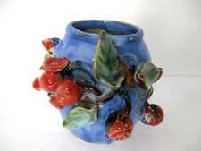 Vintage Blue Glazed Majolica Style Vase with Red Berries 4"