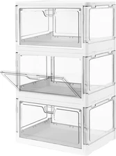 3-Pack Clear Stackable Storage Bins with Lids Magnetic Doors Open Front Foldable