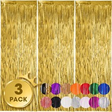 3 Pack 3.3x8.2 Feet Gold Foil Fringe Backdrop Curtains, Tinsel Streamers, Fringe
