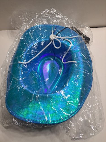 Blue Iridescent Light Up Cowboy Cowgirl Hat with Bright Blue LED Wire Lights - Picture 8 of 10