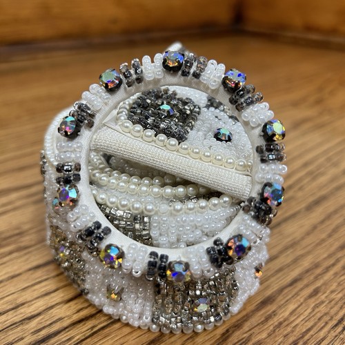Cintura Bling Vintage A Quadri Con Perline Argento E Perla Fibbia Tonda Taglia 36 - Foto 12 di 15