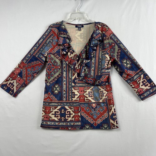 Chaps Top Womens size XL Blouse Geometric Southwest Ruffled V-neck Casual Aztec