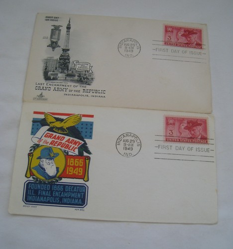 2 1949 1ST DAY COVERS INDIANAPOLIS IND. “GRAND ARMY of the REPUBLIC”, “LAST ENCA