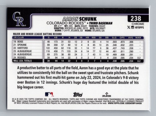 2025 Topps Chrome Aaron Schunk Rockies Viola Rookie /250 Rookie #238 10962 - Foto 2 di 2