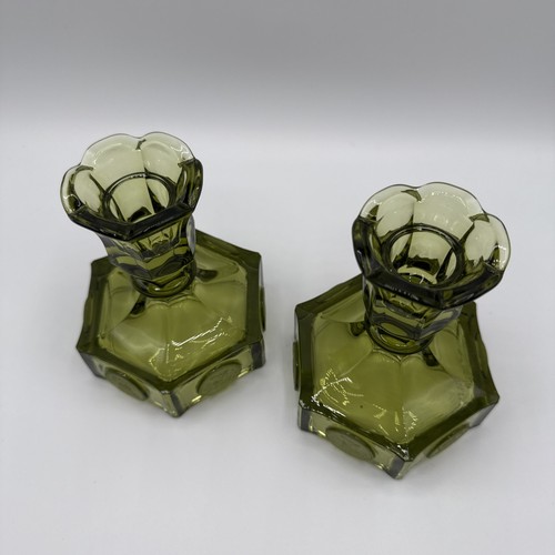 Vintage Fostoria Coin Glass Hexagon Candle Holder Avocado Green 4.5" Set/2 MCM - Picture 4 of 8