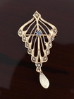 Art Deco Solid 10K Yellow Gold Brooch Pin Dangling Pearl Blue Sapphire #8029
