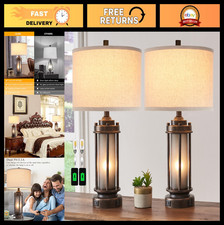 Set of 2 Rustic Farmhouse Table Lamps with USB Ports Frosted Glass Night Light