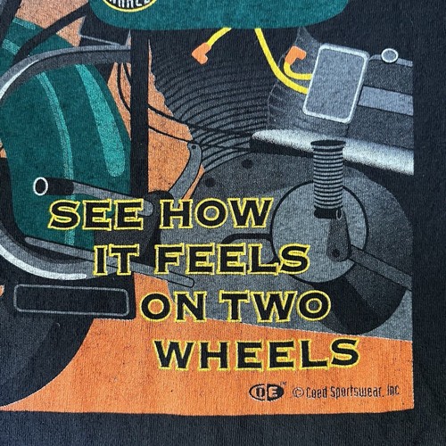 Vintage 90's Coed Sportwears Naked Motorcycle Green Black Tee Shirt XL - Picture 24 of 24