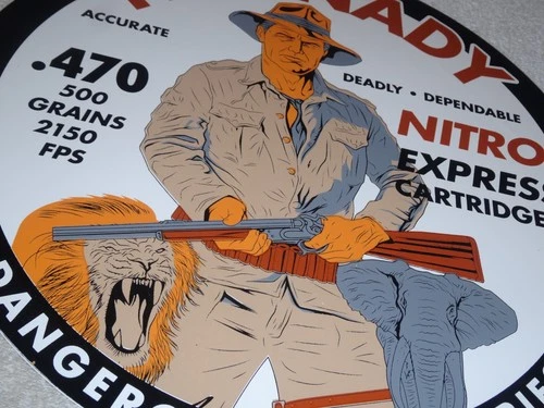 VINTAGE HORNADY GUN BULLETS BIG GAME 11 3/4" PORCELAIN METAL GASOLINE & OIL SIGN