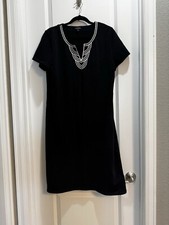 TALBOTS Black Embroidered Split Vneck Short Sleeve Dress Armpit To Armpit 20” L