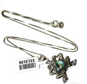 925 sterling silver Frog abalone gemstone pendant necklace 5.4g 18" unique