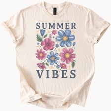 Summer Vibes Floral Tee with Pink and Blue Flowers Graphic Shirt