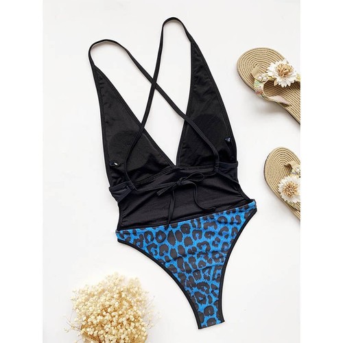 Costume intero L intero nero blu monokini leopardato fascia vita alta triangolo - Picture 3 of 7