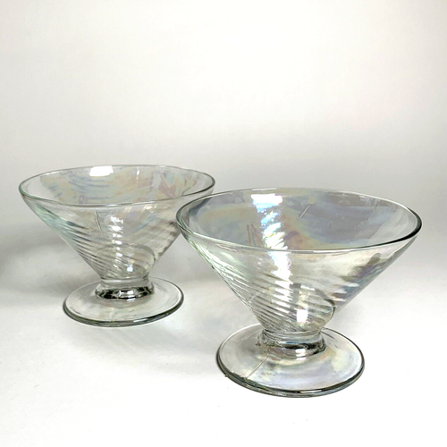 Vintage Iridescent Glass Dessert Bowls Footed Pedestal Swirl Design Set of 2 - Imagen 3 de 8