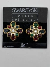 Swarovski Gold Tone Multicolor Rhinestone Clip Earrings Set - Estate Sale Find