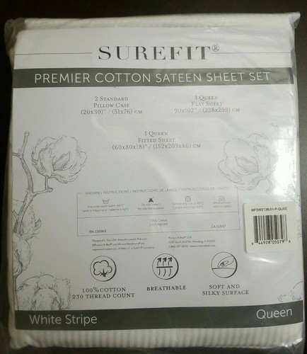Surefit Premier Cotton Sateen Sheet Set, Queen - 230 TC - White Stripe - Sealed!