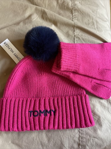 TOMMY HILFIGER GIRLS BEANIE HAT W/ POM & GLOVES COMBO  SIZE 8-14Years Pink Blue - Picture 1 of 5