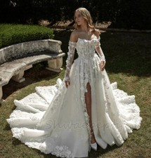 3D Floral Lace Boho Wedding Dress Side Split A Line Beach With Detachable Sleeve