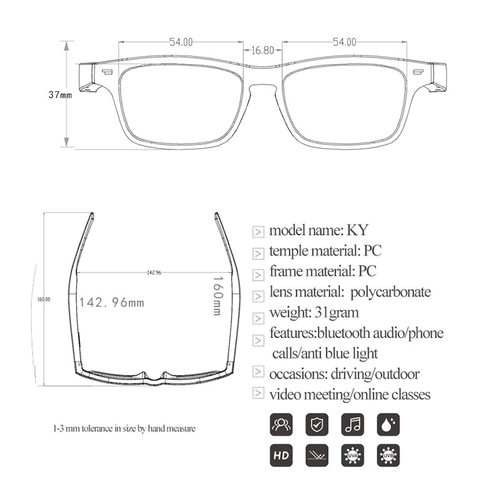 Wireless Smart Glasses Bluetooth Sunglasses Outdoor Calling Music Eyeglasses - Picture 3 of 7