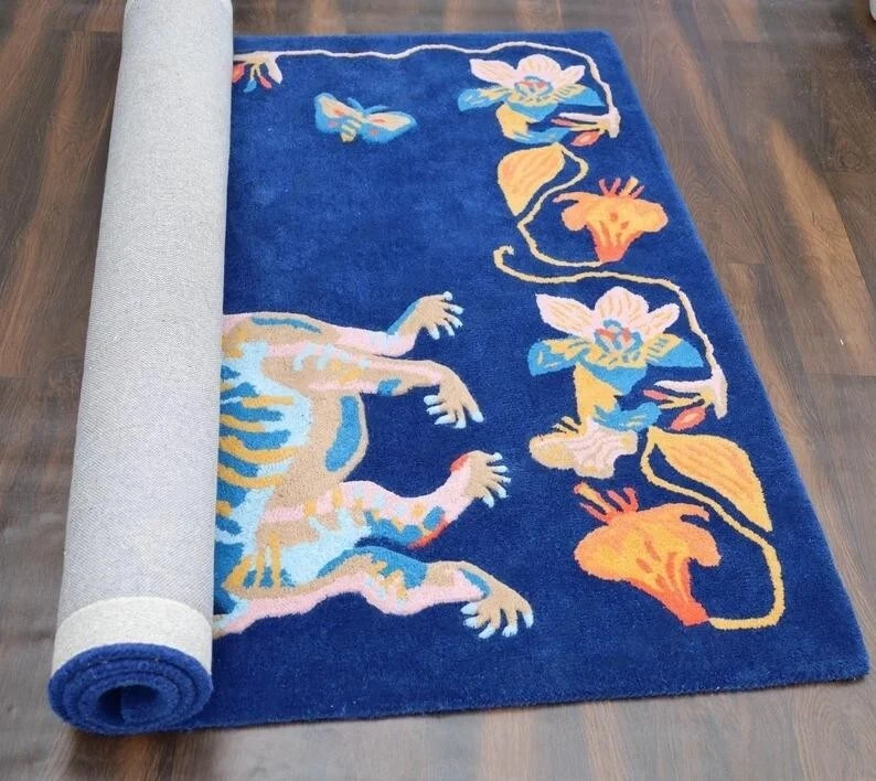 Ковер стеганый дракон ручной работы 100% шерсть ковер тибетский тигр ковер синий цветочный тигр ковер - Изображение 4 из 4