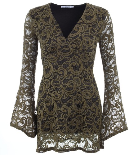 New Crochet Lace Bell Sleeve Tunic Top - Fully Lined - Afbeelding 1 van 10