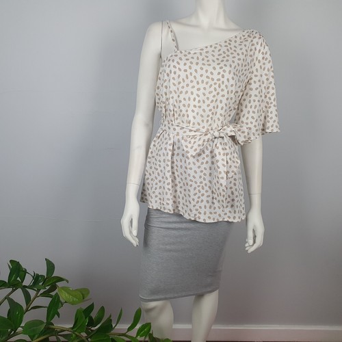 Sussan Size 12 One Shoulder Viscose Linen Top Blouse White Polka Dot Belt Women - Picture 6 of 12