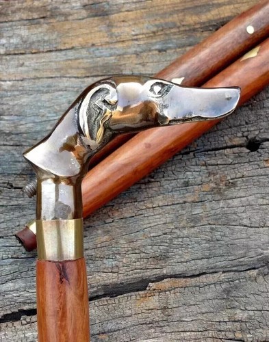 Antique Solid Brass Dog Head Handle Wooden Walking Stick Cane Vintage Designer - Picture 7 of 8