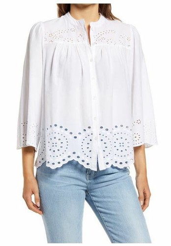 Nordstrom Caslon (r) Eyelet Embroidered Button-up Top in White, Size XS - Picture 1 of 2
