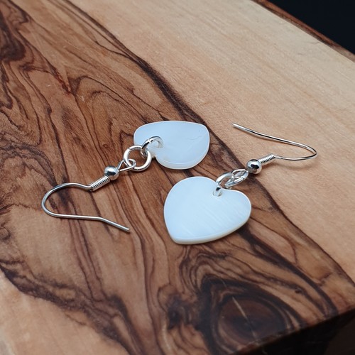 Heart Earrings White Mother Of Pearl Natural Shell Dangle Drop Sterling Silver - Picture 8 of 19